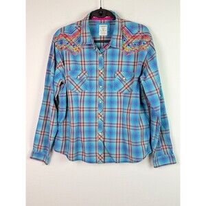 Panhandle Rough Stock Women's Western Shirt Embroidered Blue Plaid Pearl Snap XL